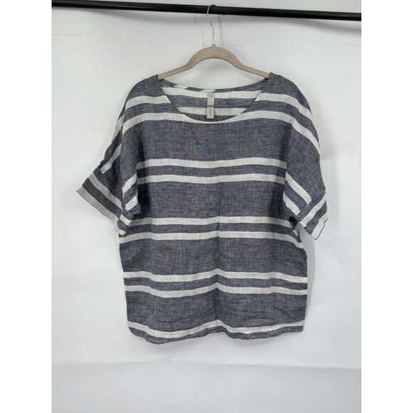 Studio 412 Striped 100% Linen Boxy Top Women Medium Grey Lagenlook Minimalist - Picture 1 of 6